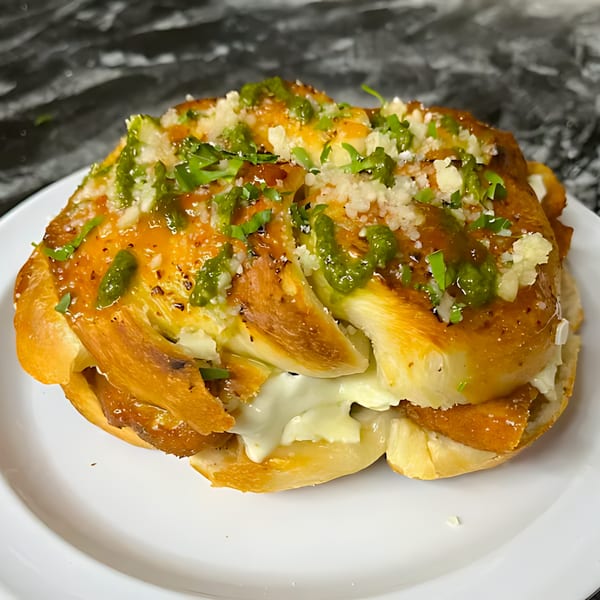 A golden-brown garlic knot, topped with green pesto, grated cheese, and fresh herbs, on a white plate.