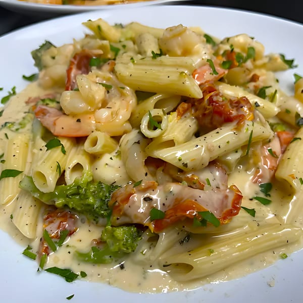 Creamy penne pasta with shrimp, broccoli, sun-dried tomatoes, and fresh parsley on a white plate.